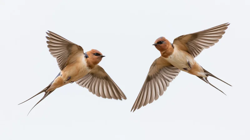 Two barn swallows in mid-flight with wings fully spread against a plain white background