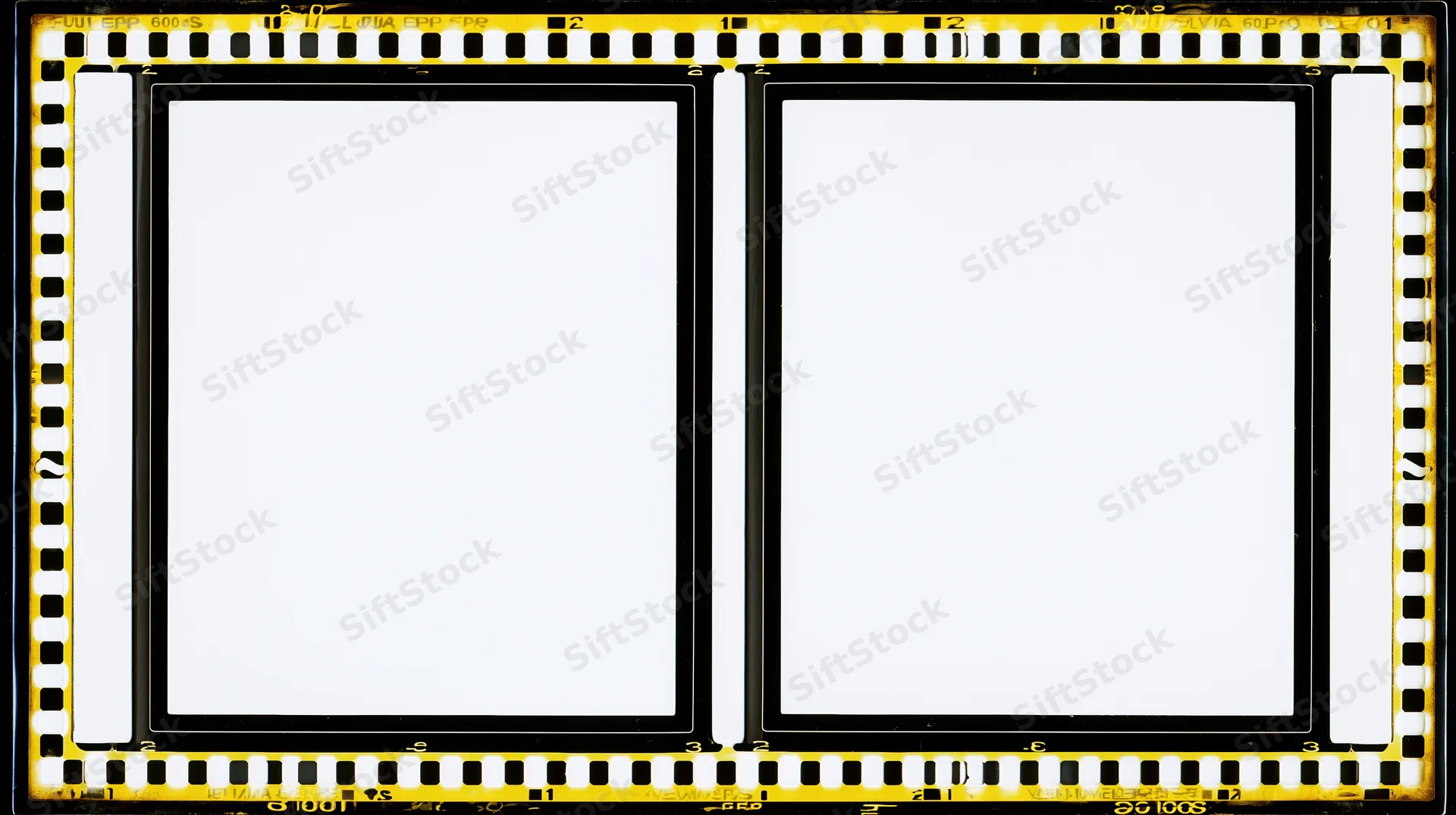 Two blank medium format film frames side by side with yellow sprocket borders and black edges