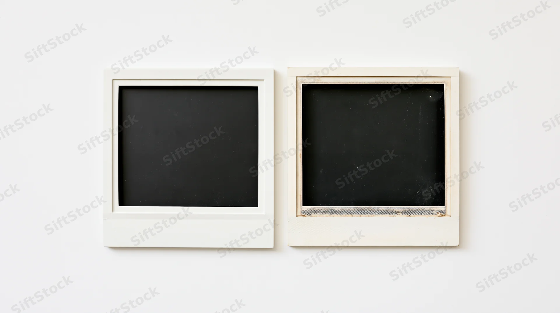 Two blank polaroid photo frames side by side on white surface