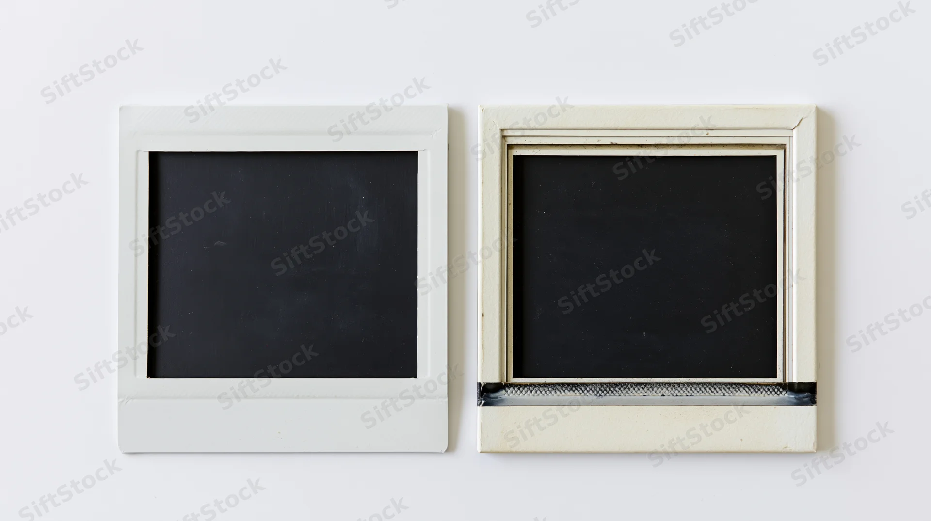 Two blank polaroid instant photo frames side by side on white surface