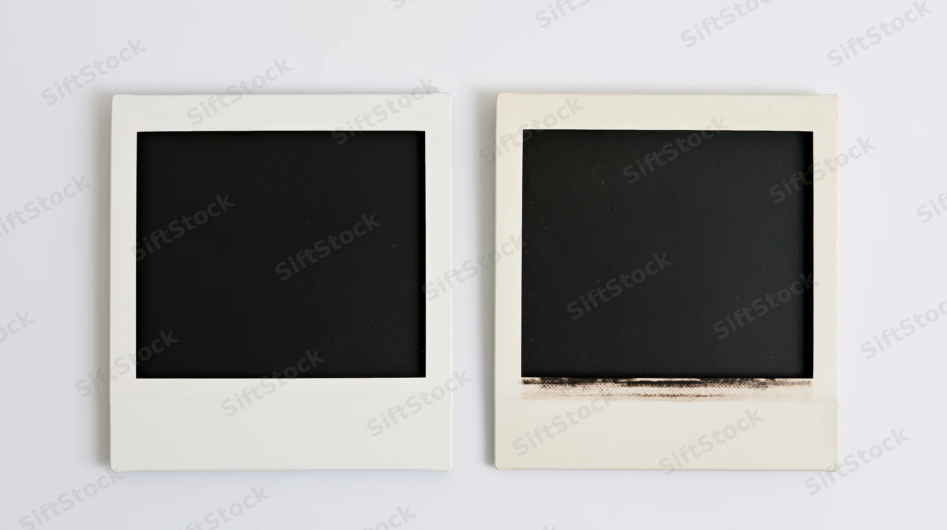 Two blank undeveloped polaroid photo frames side by side on white surface