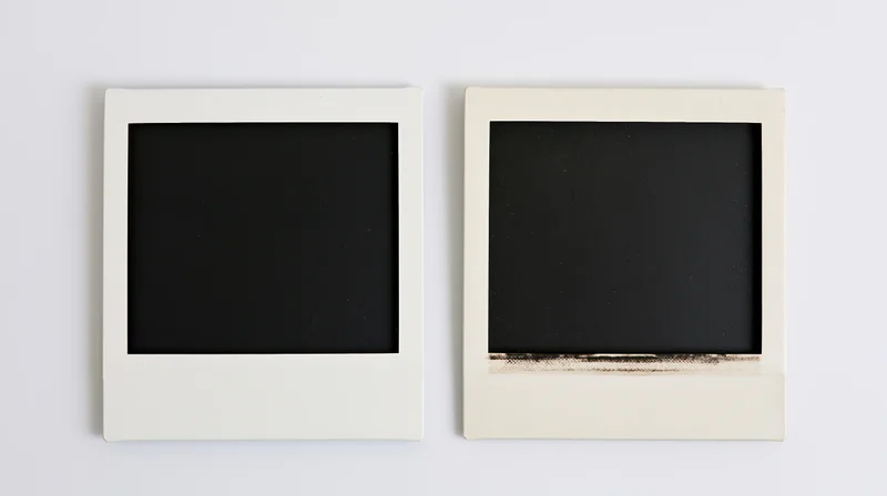 Two blank undeveloped polaroid photo frames side by side on white surface
