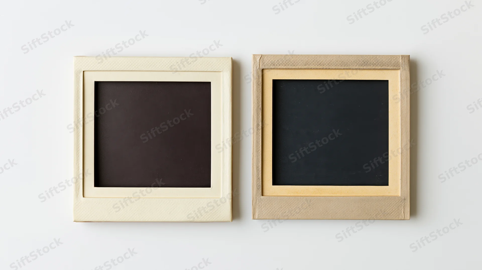 Two blank instant film photo prints lying flat on white surface
