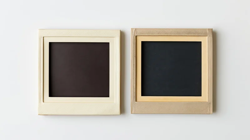 Two blank instant film photo prints lying flat on white surface