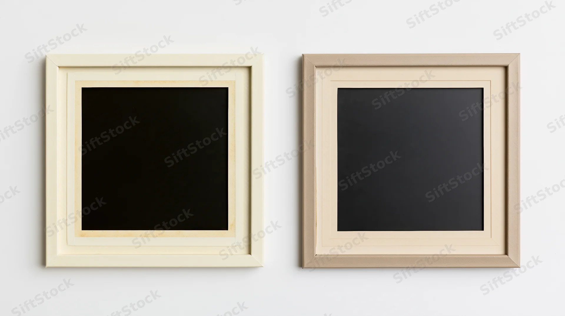 Two blank picture frames hanging side by side on a white wall