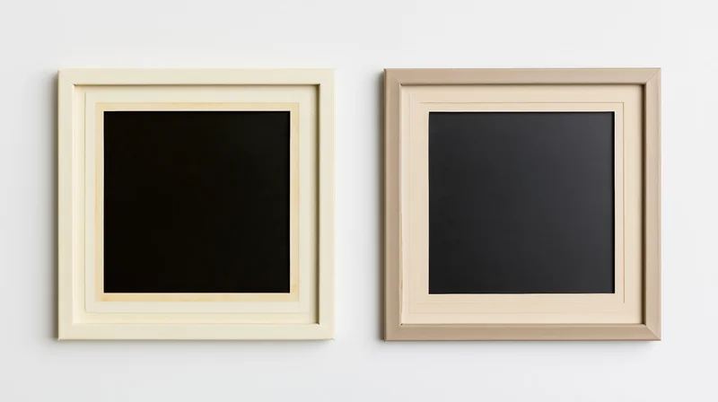 Two blank picture frames hanging side by side on a white wall