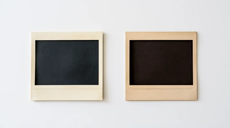 Two blank instant film photo prints lying flat side by side on white surface