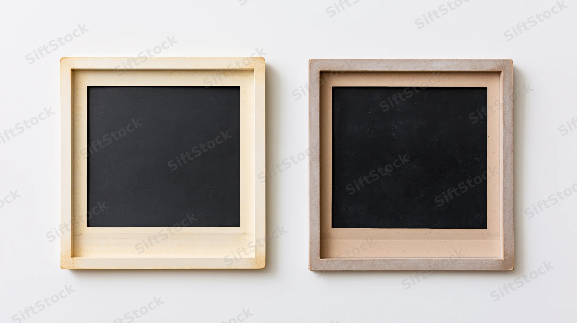Two blank instant film photo prints in wooden frames lying flat on white surface