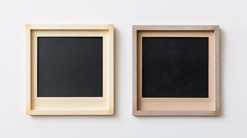 Two blank instant film photo prints in wooden frames lying flat on white surface