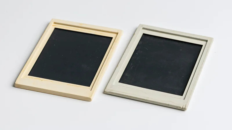 Two blank chalkboards in wooden frames on a white surface