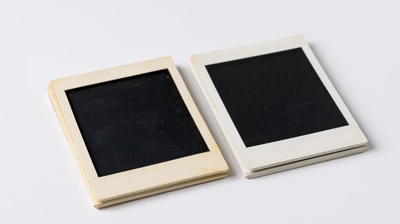 Two blank instant photo prints lying on a white surface