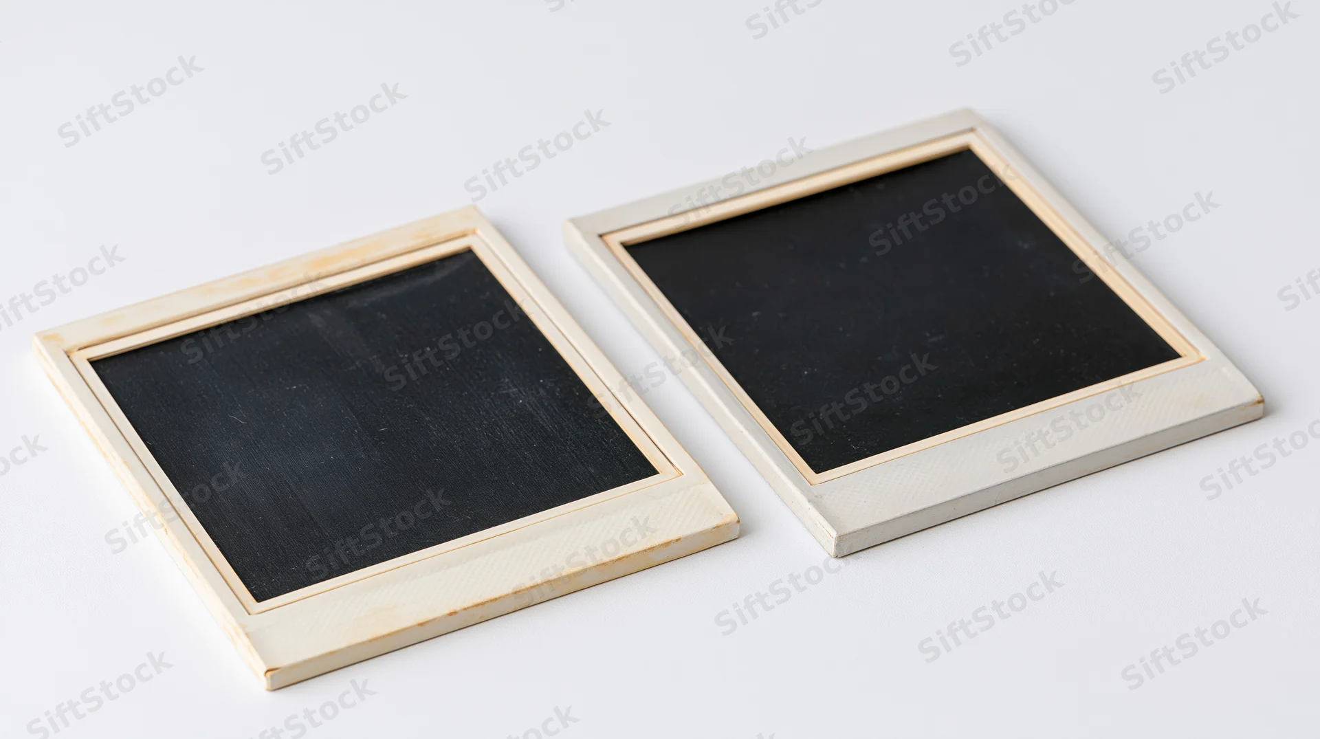 Two blank instant photo prints with wooden frames on a white surface