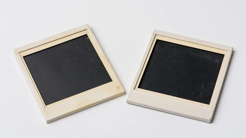 Two blank instant photo prints with wooden frames on white surface