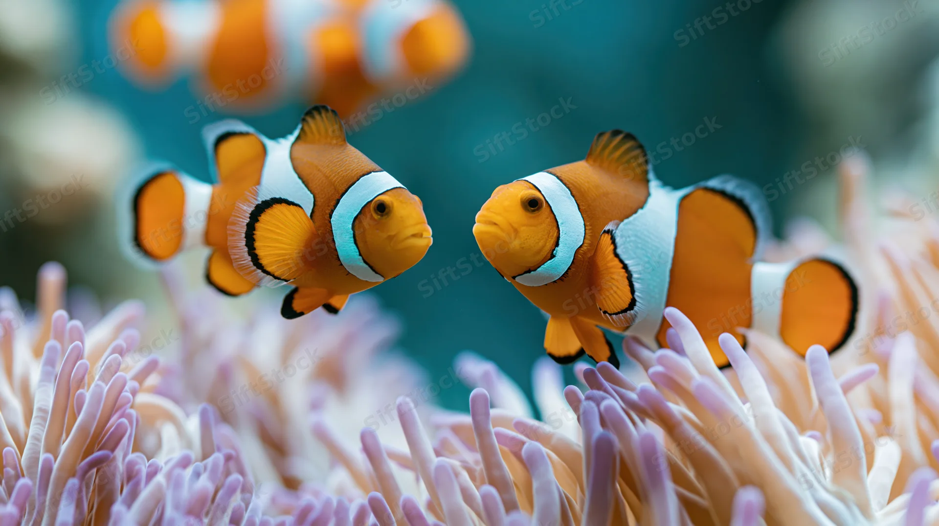 Clownfish swimming among swaying anemone tentacles in aquarium
