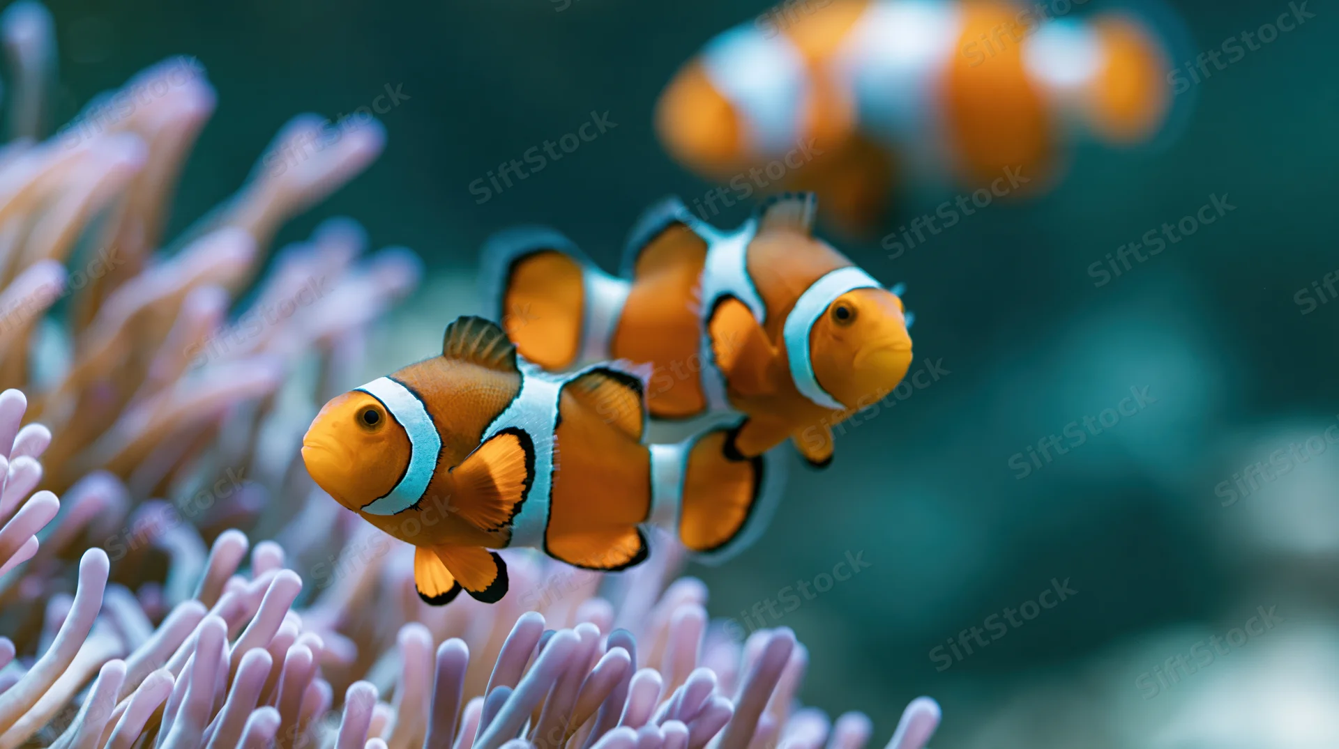 Clownfish swimming among swaying anemone tentacles in underwater reef environment