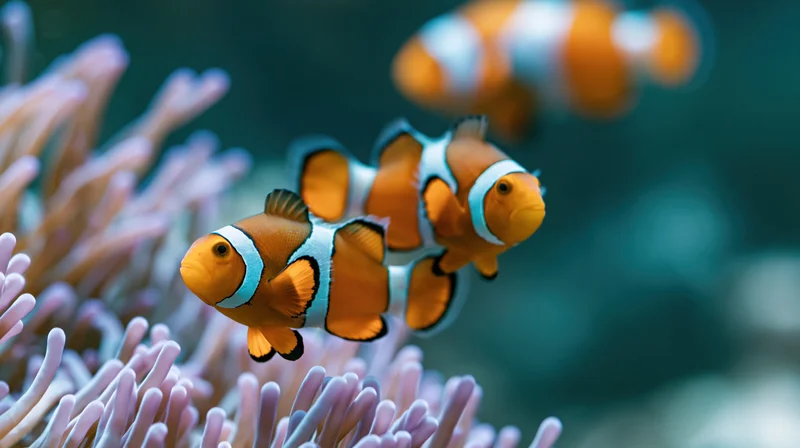 Clownfish swimming among swaying anemone tentacles in underwater reef environment