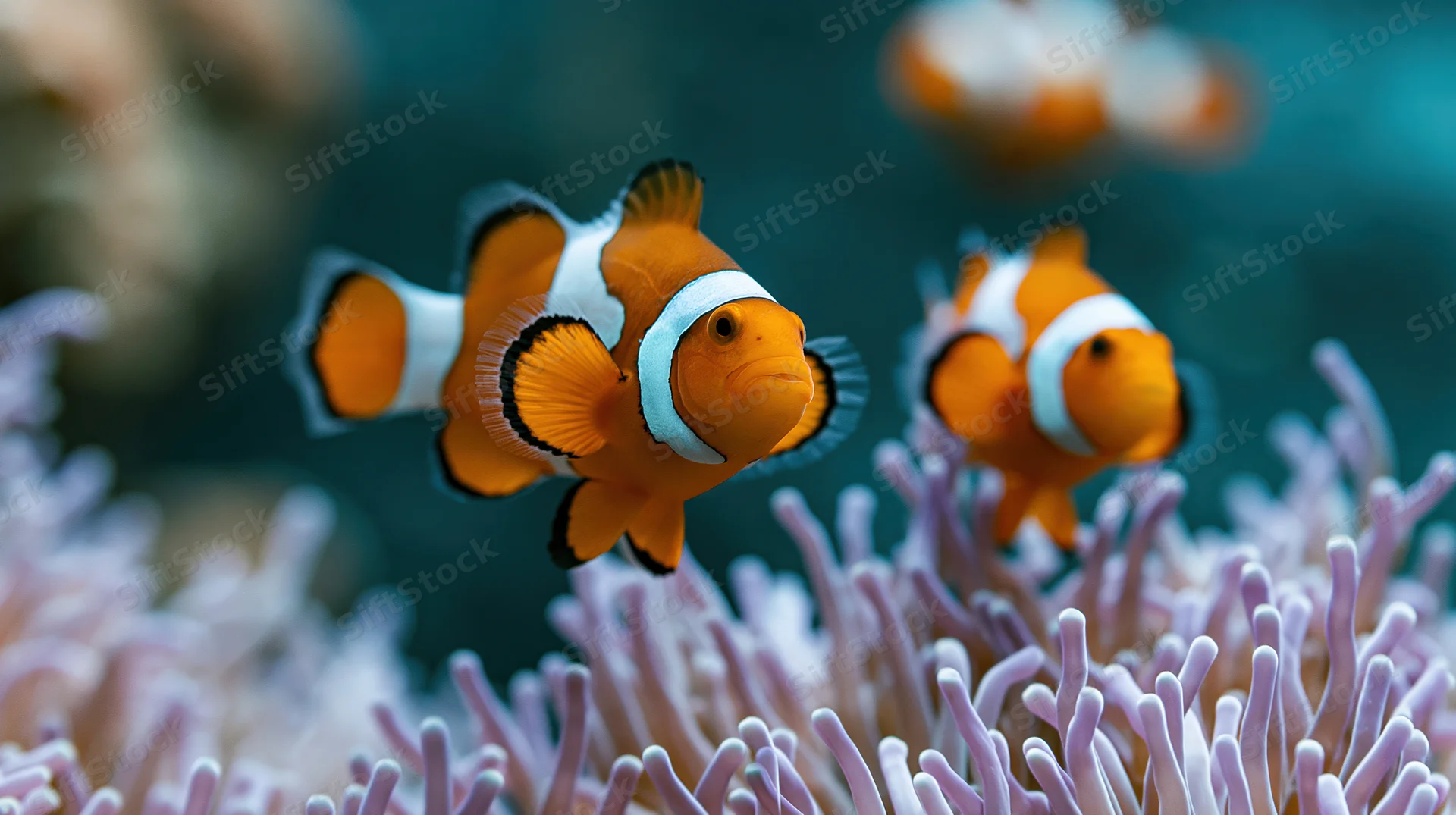 Clownfish swimming among swaying anemone tentacles in an aquarium