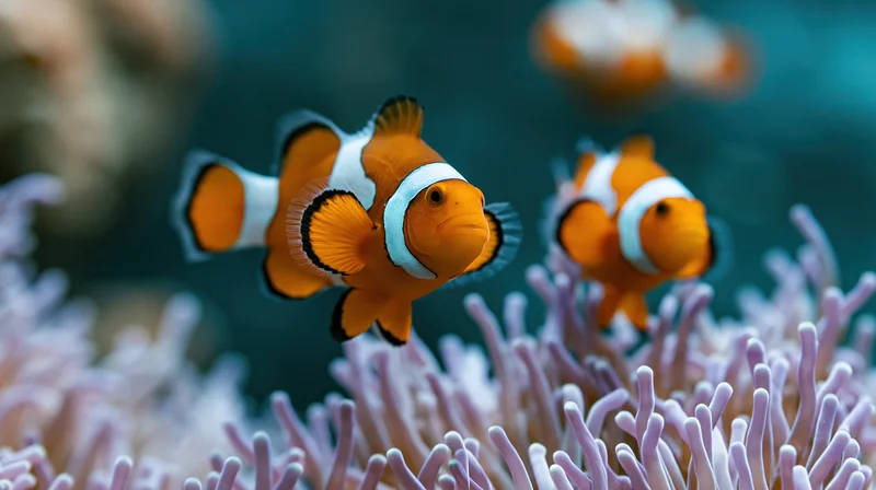 Clownfish swimming among swaying anemone tentacles in an aquarium