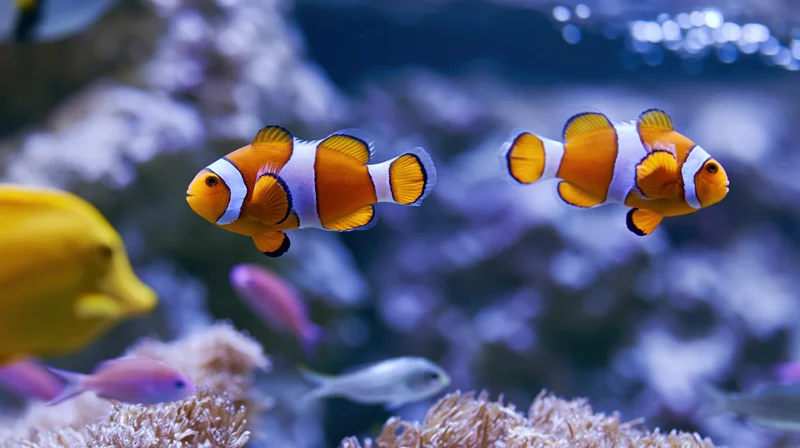 Two clownfish swimming midwater in a coral reef aquarium