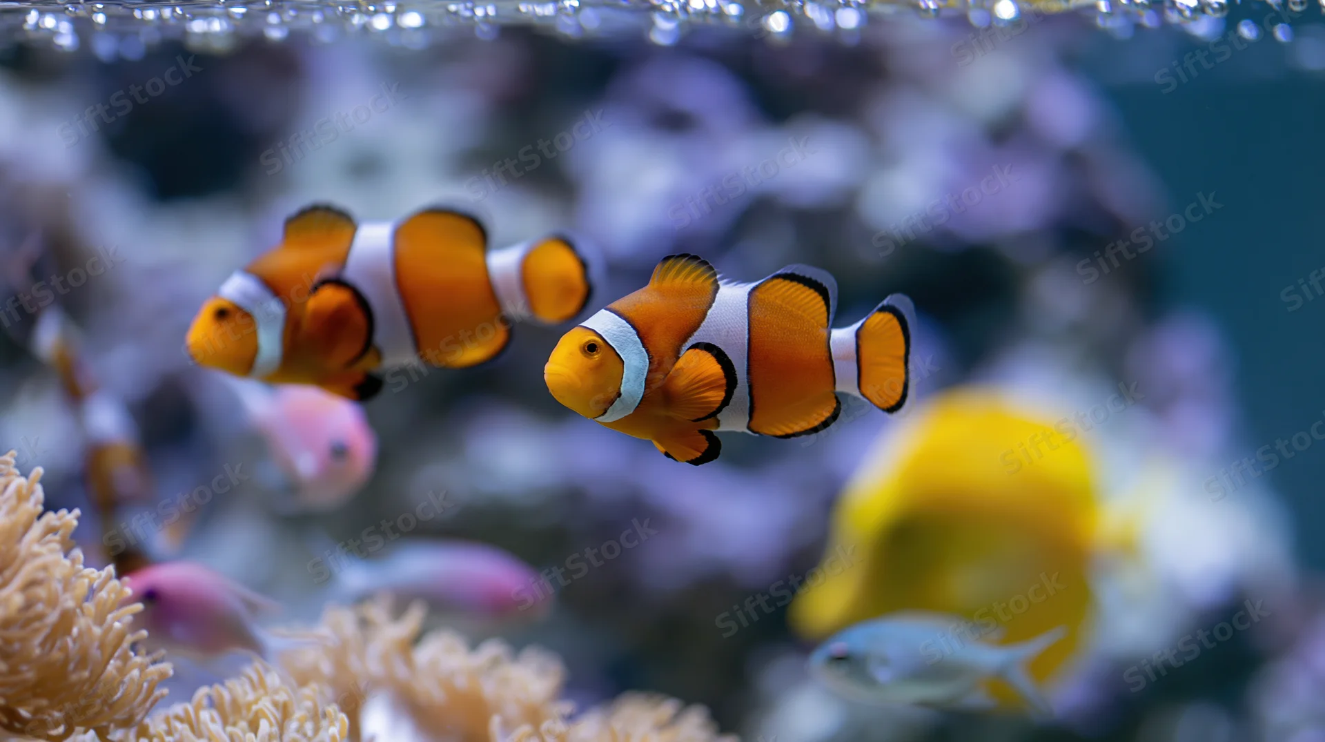 Two clownfish swimming midwater in a coral reef aquarium