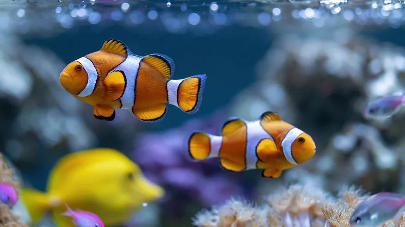Two clownfish swimming midwater in a coral reef aquarium