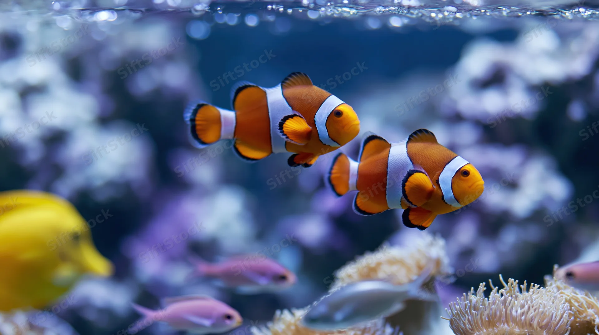 Two clownfish swimming midwater in a coral reef aquarium