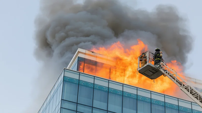 Firefighters on aerial ladder platform battling flames on high-rise building facade