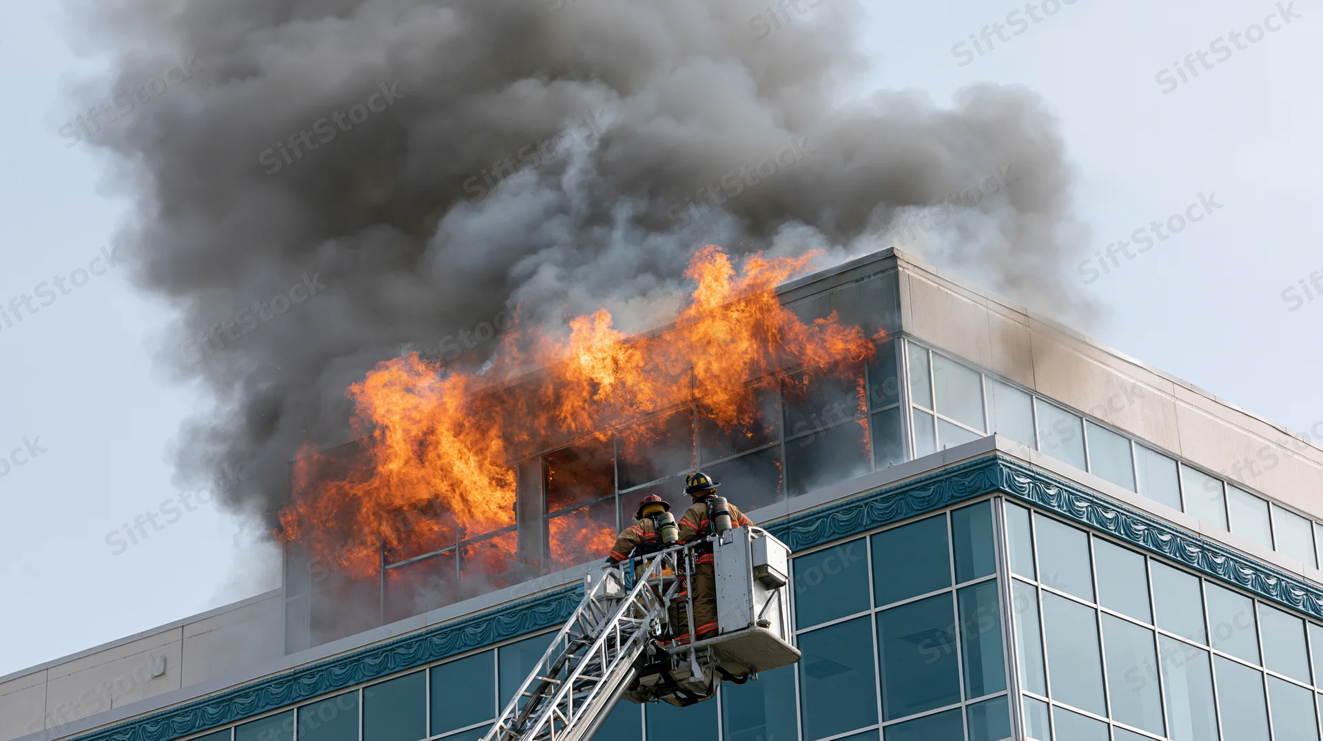 Firefighters on aerial ladder platform battling flames on building rooftop