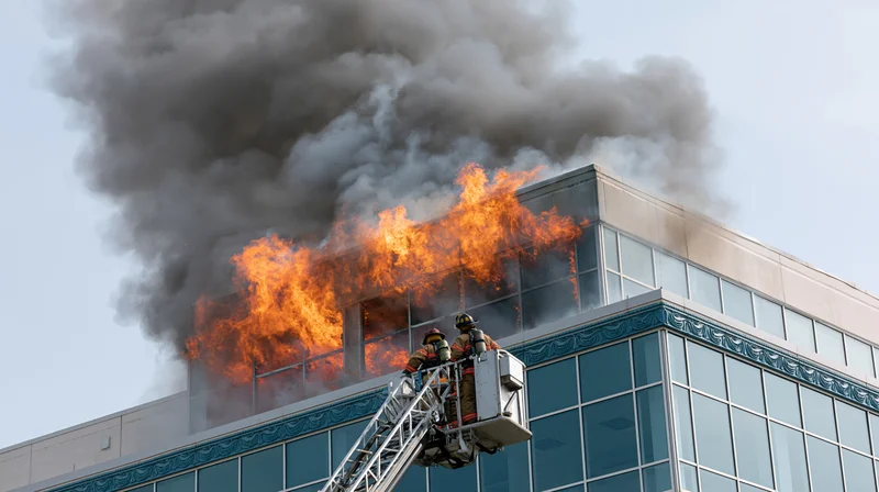 Firefighters on aerial ladder platform battling flames on building rooftop