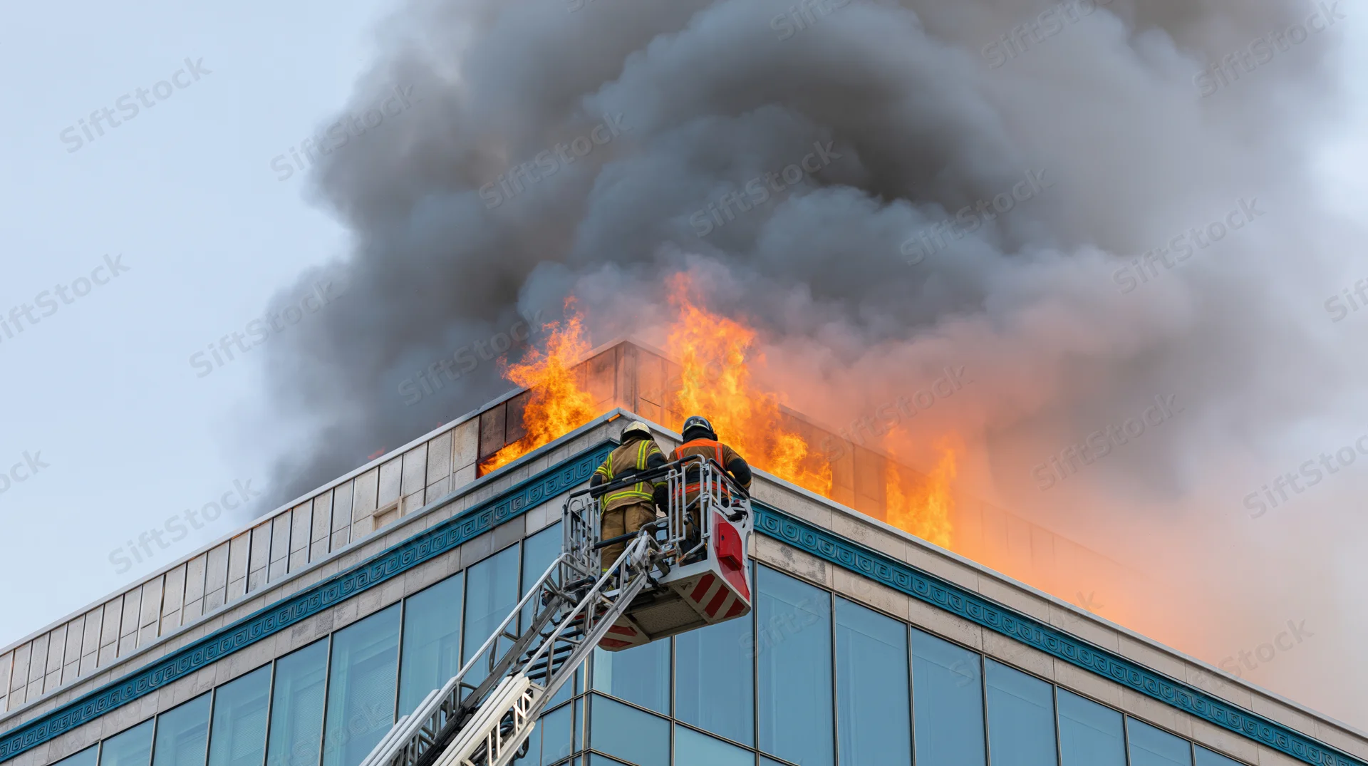 Firefighters on aerial ladder platform battling flames on building roof