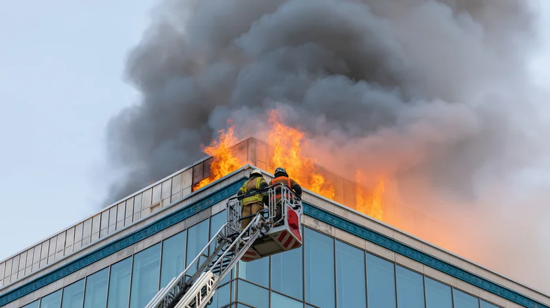 Firefighters on aerial ladder platform battling flames on building roof