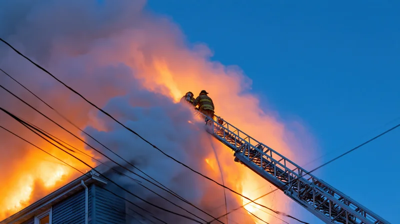Firefighters on aerial ladder truck extension battling flames on house roof