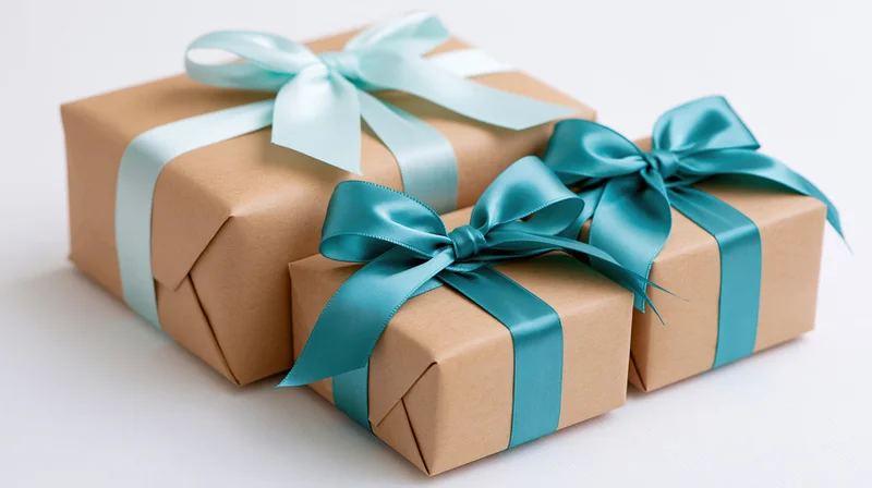 Three gift boxes wrapped in kraft paper with teal ribbons on white surface