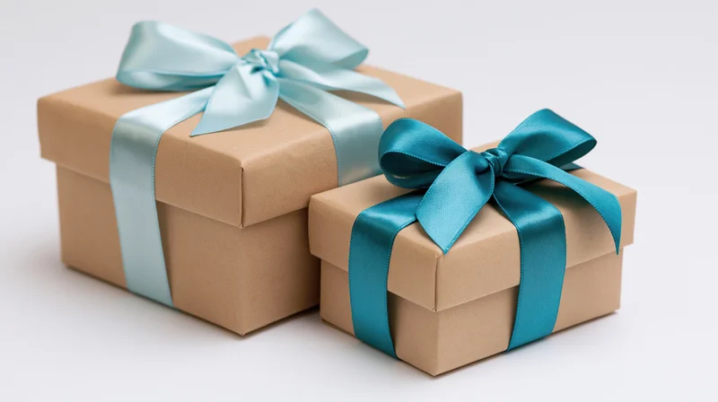 Two gift boxes wrapped in kraft paper with blue satin ribbons on white background