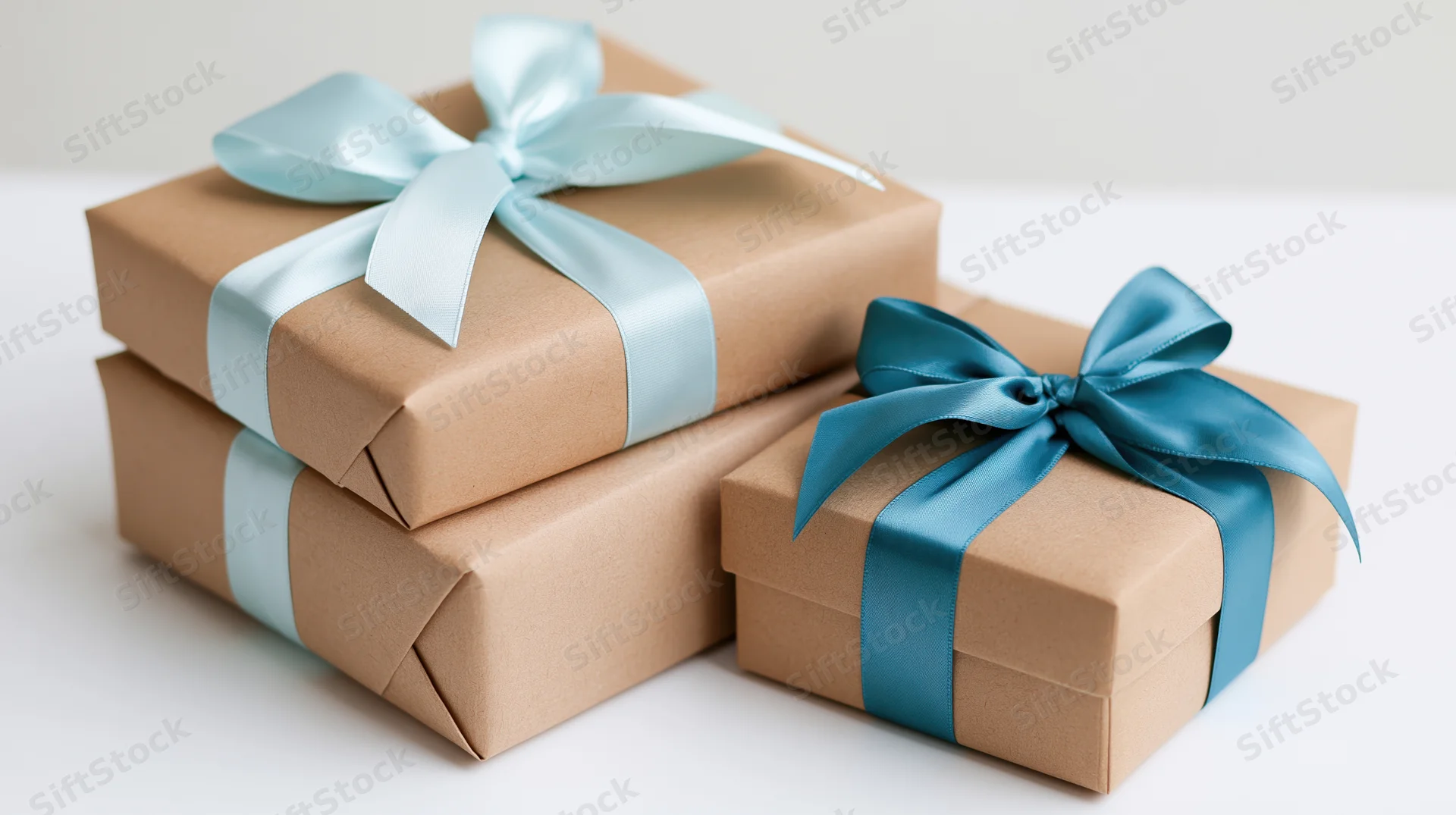 Three gift boxes wrapped in kraft paper with blue ribbons on white surface