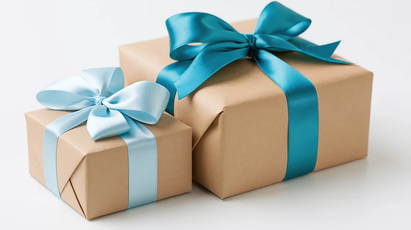 Two gift boxes wrapped in kraft paper with blue satin ribbons on white background