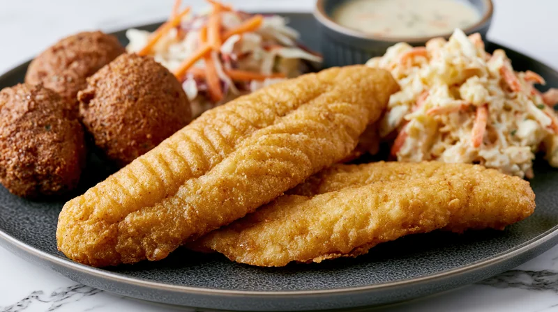 Two golden fried catfish fillets on a dark textured plate with coleslaw and dipping sauce