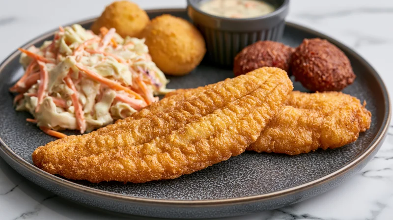Two golden fried catfish fillets on a dark textured plate with coleslaw, hushpuppies, and tartar sauce