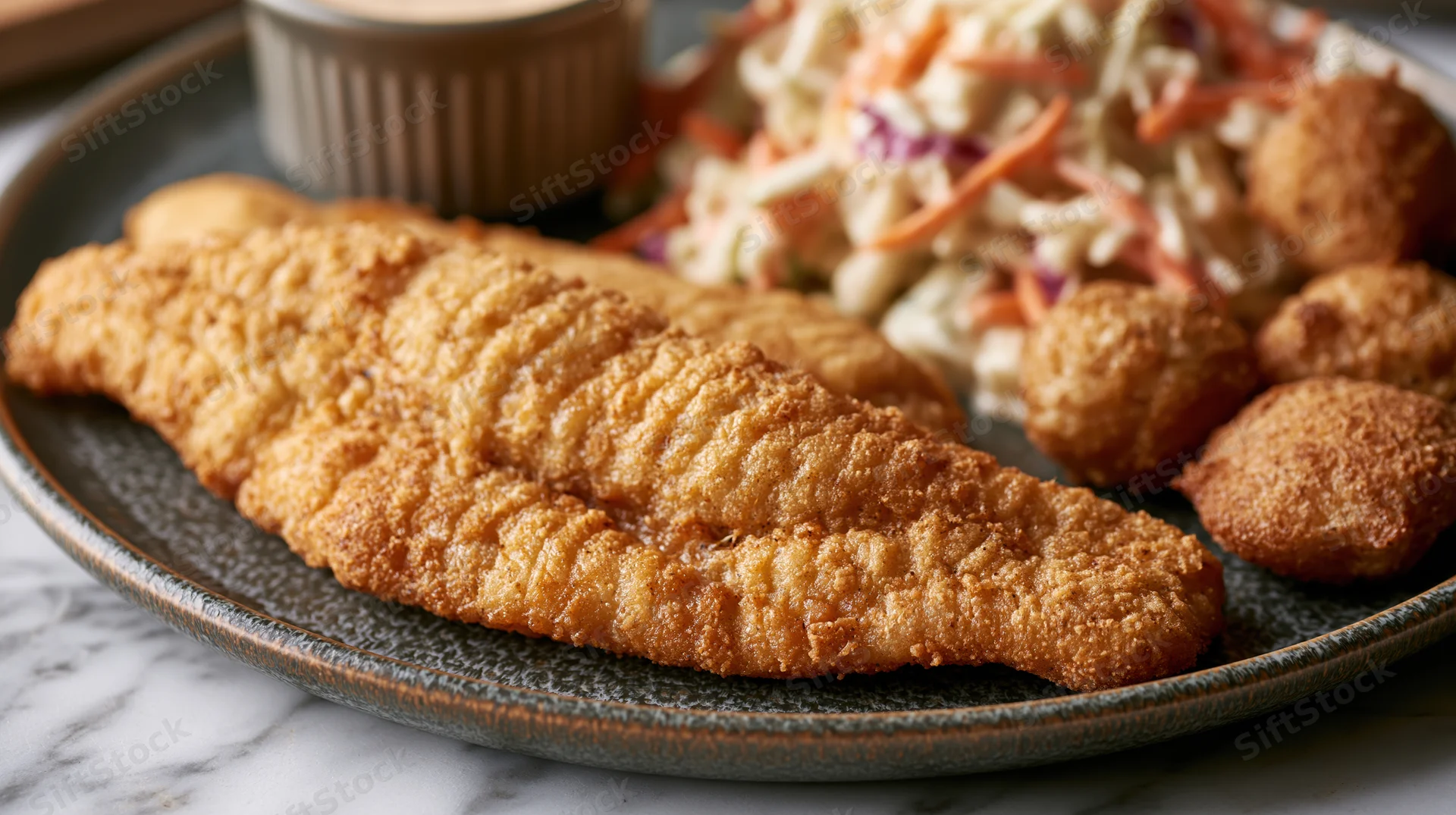 Two golden-fried catfish fillets on a dark textured plate with coleslaw and dipping sauce