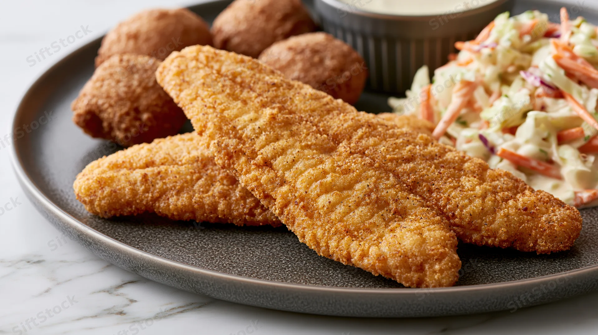 Two golden-fried catfish fillets on a dark textured plate with hushpuppies and coleslaw, served with dipping sauce