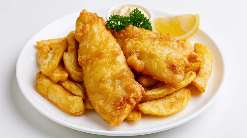 Two golden battered fish fillets with thick-cut fries on a white plate, garnished with lemon and parsley