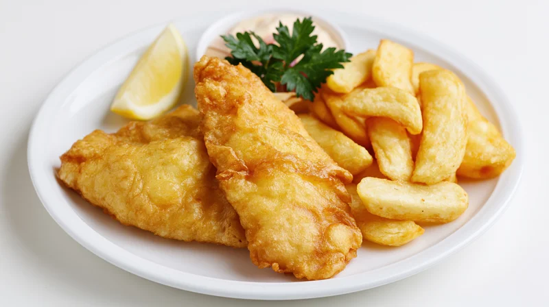 Two golden battered fish fillets with thick-cut fries on a white plate, garnished with lemon and parsley, served with tartar sauce