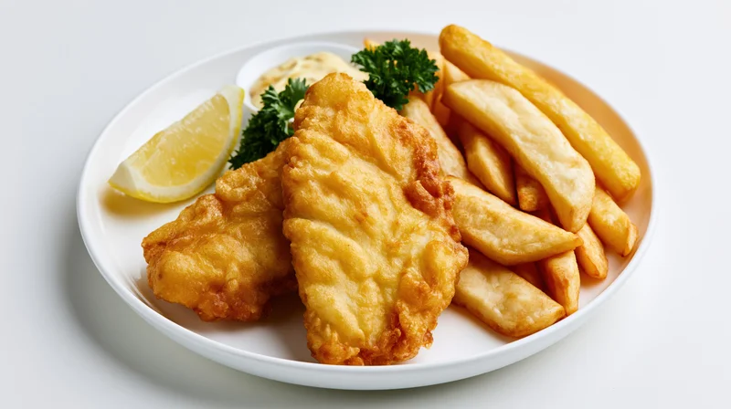 Two golden battered fish fillets with thick-cut fries on a white plate, garnished with lemon and parsley