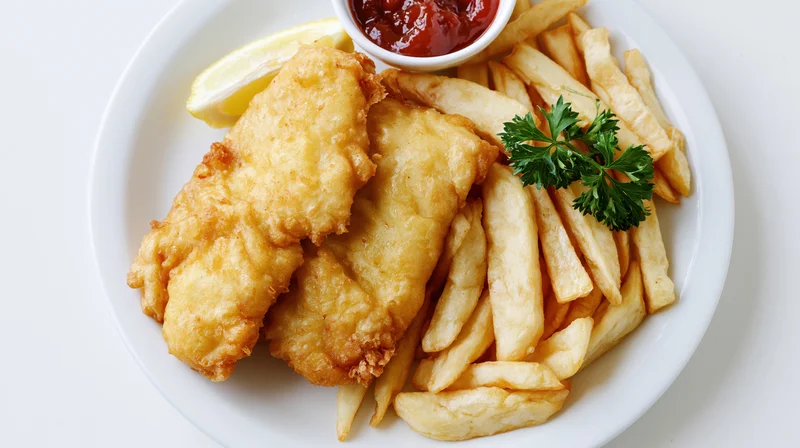 Two golden battered fish fillets with thick-cut fries on a white plate, garnished with parsley, lemon, and ketchup