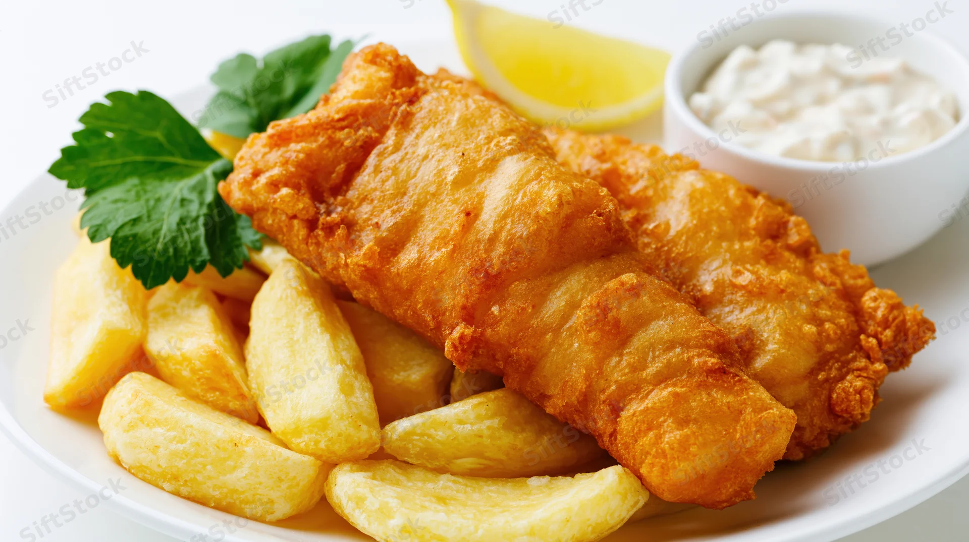 Two golden battered fish fillets on a pile of thick-cut chips with lemon wedge and tartar sauce on a white plate