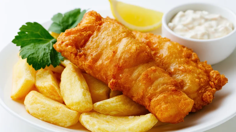 Two golden battered fish fillets on a pile of thick-cut chips with lemon wedge and tartar sauce on a white plate