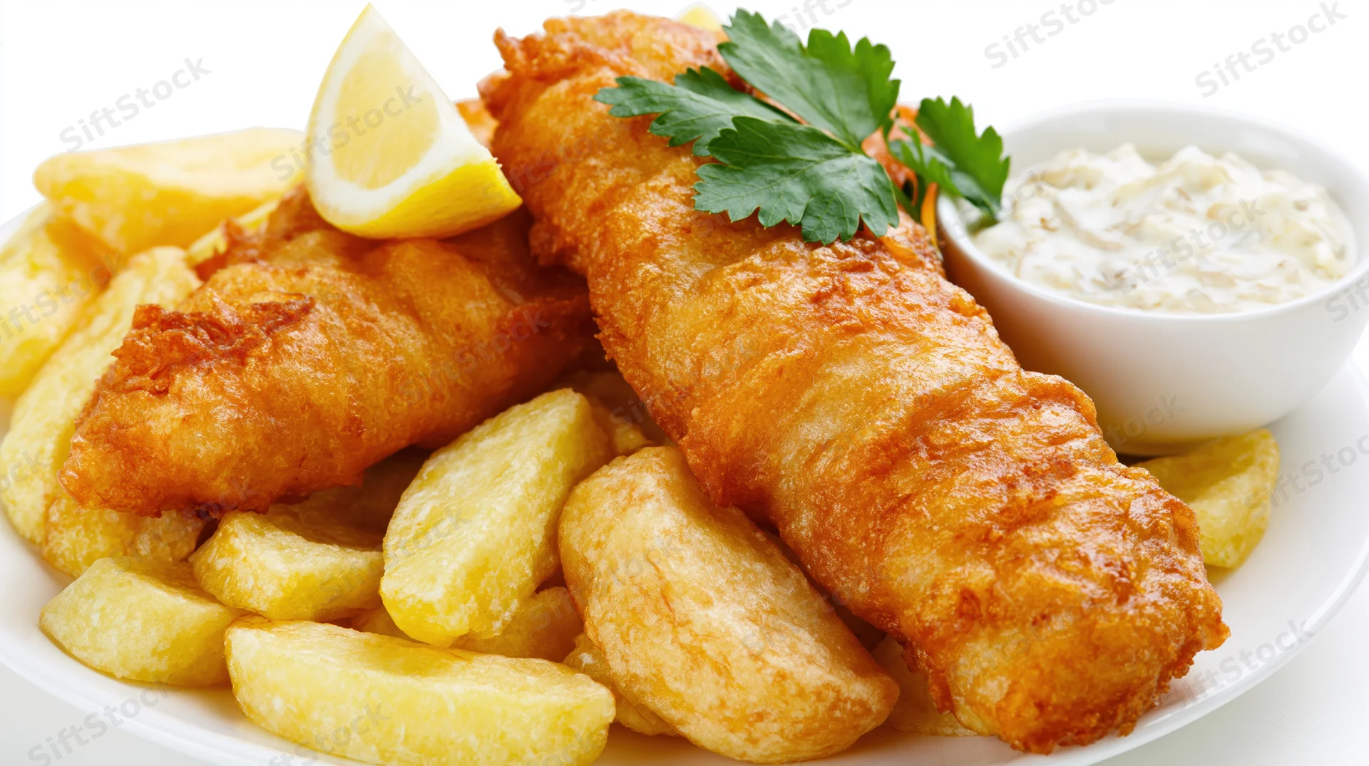 Two golden battered fish fillets on a pile of thick-cut chips with lemon and parsley garnish, served with tartar sauce in a white bowl on a white plate