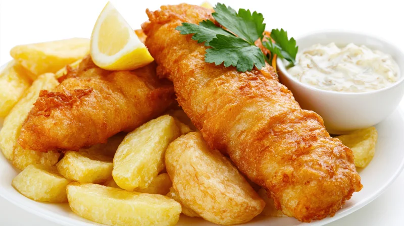 Two golden battered fish fillets on a pile of thick-cut chips with lemon and parsley garnish, served with tartar sauce in a white bowl on a white plate