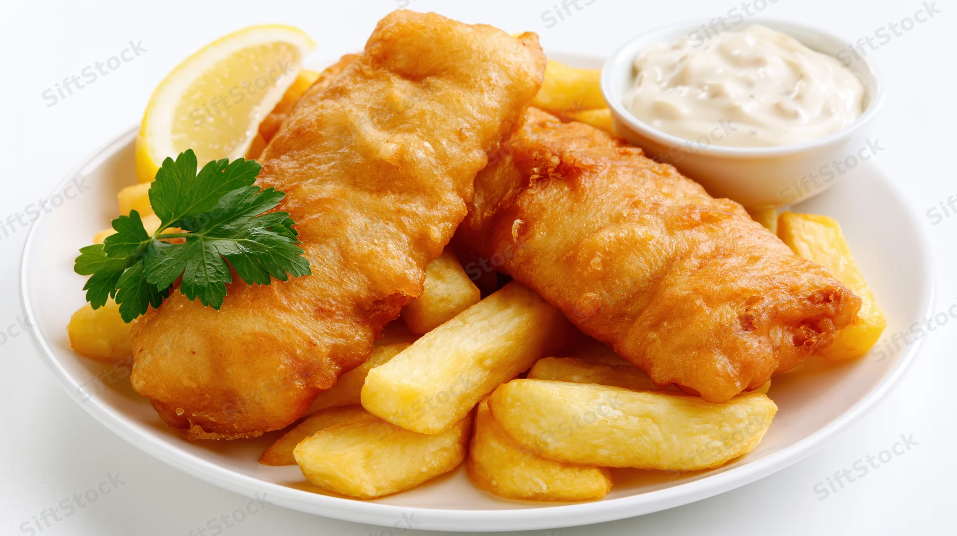 Two golden battered fish fillets on a bed of thick-cut chips with lemon and parsley on a white plate