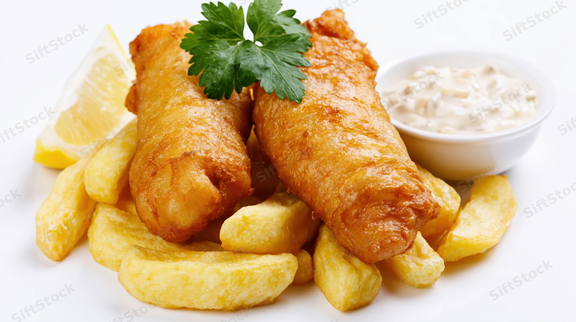 Two golden battered fish fillets on a pile of thick-cut chips with lemon and tartar sauce on white background